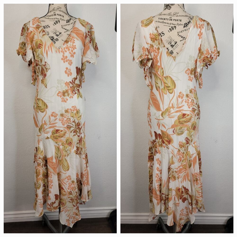 Eva Blue Vintage Y2K Asymmetrical Ruffle Floral Midi Dress Womens 12 Fairy